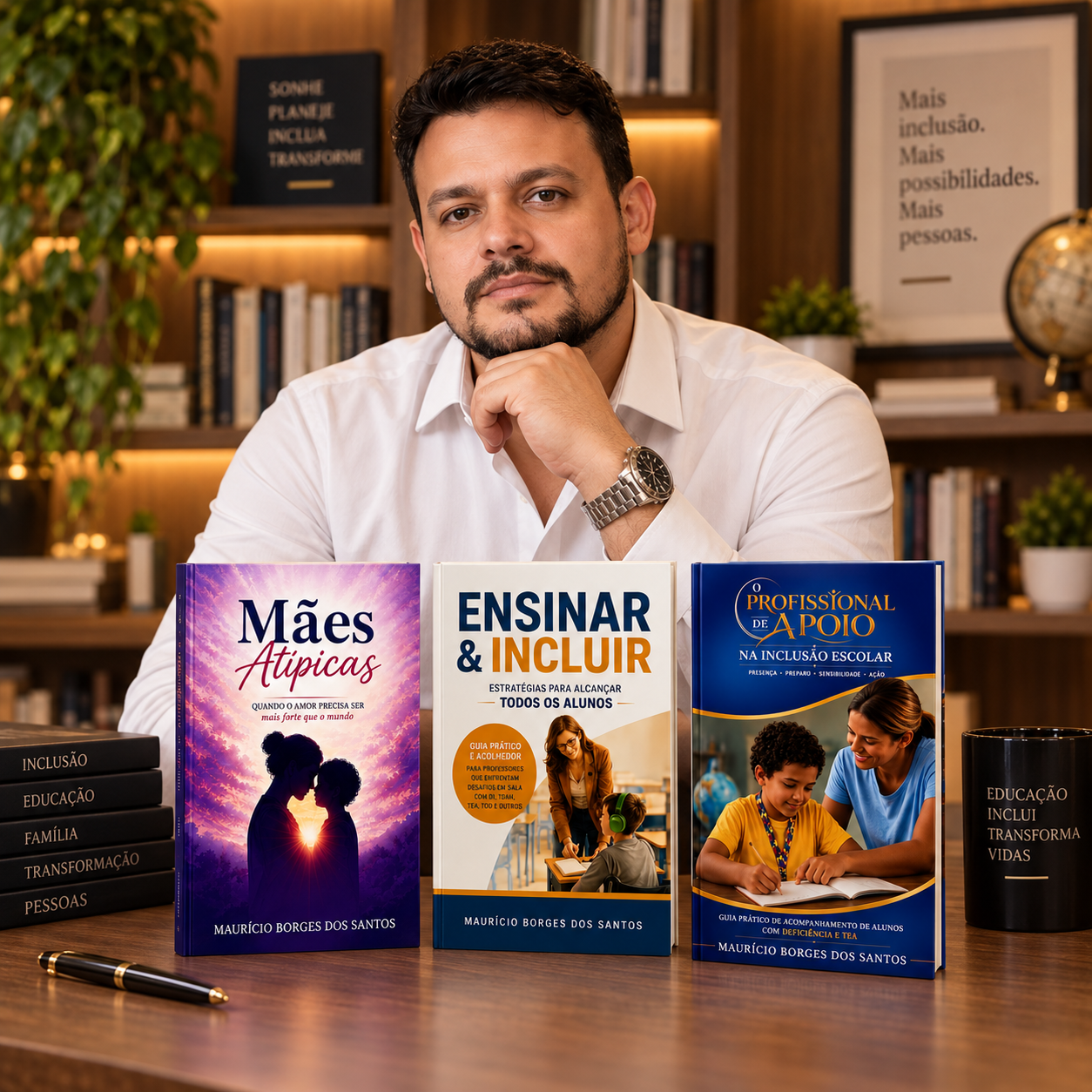 Maurício Borges com os livros da coleção Inclusão Real na Prática